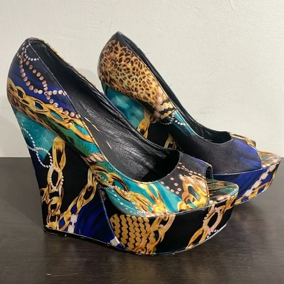 ALDO Platform peep-toe Retro Y2K leopard & gold chain print satin feel size 9 - Picture 1 of 14